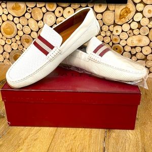 Bally mens white loafers with burgundy stripe. Brand new with original box.